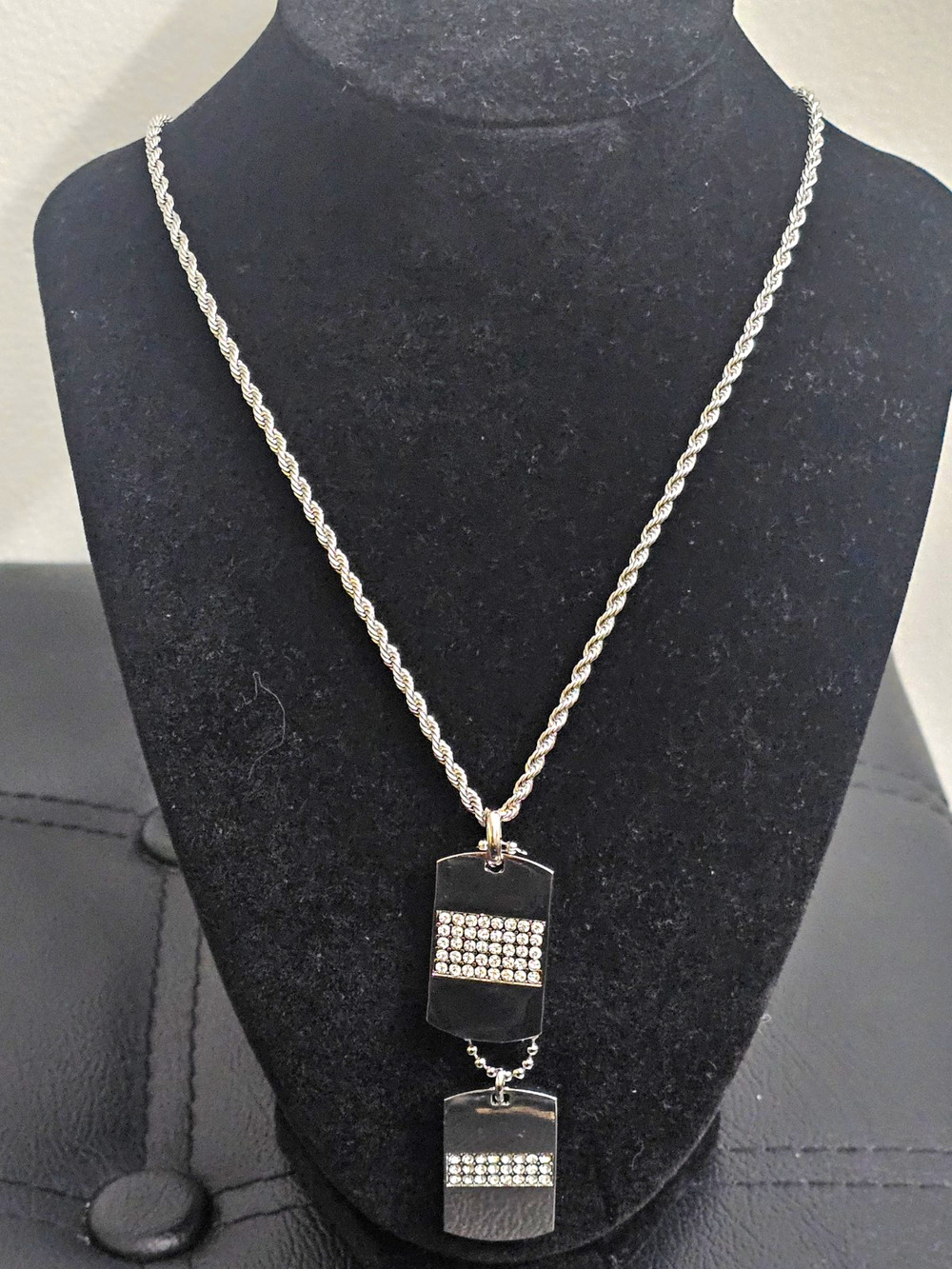 24in Stainless Steel-2mm Rope Chain w/Layered Double Dog Tag Pendant's Pavé CZs